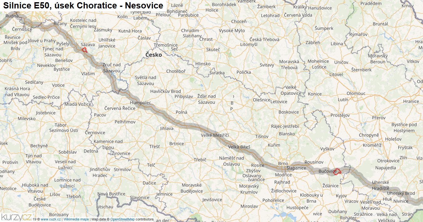 Úsek Choratice - Nesovice, Silnice E50 - Mapa
