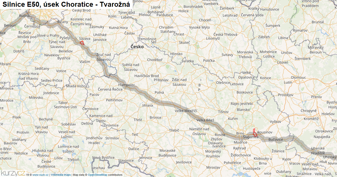 Úsek Choratice - Tvarožná, Silnice E50 - Mapa