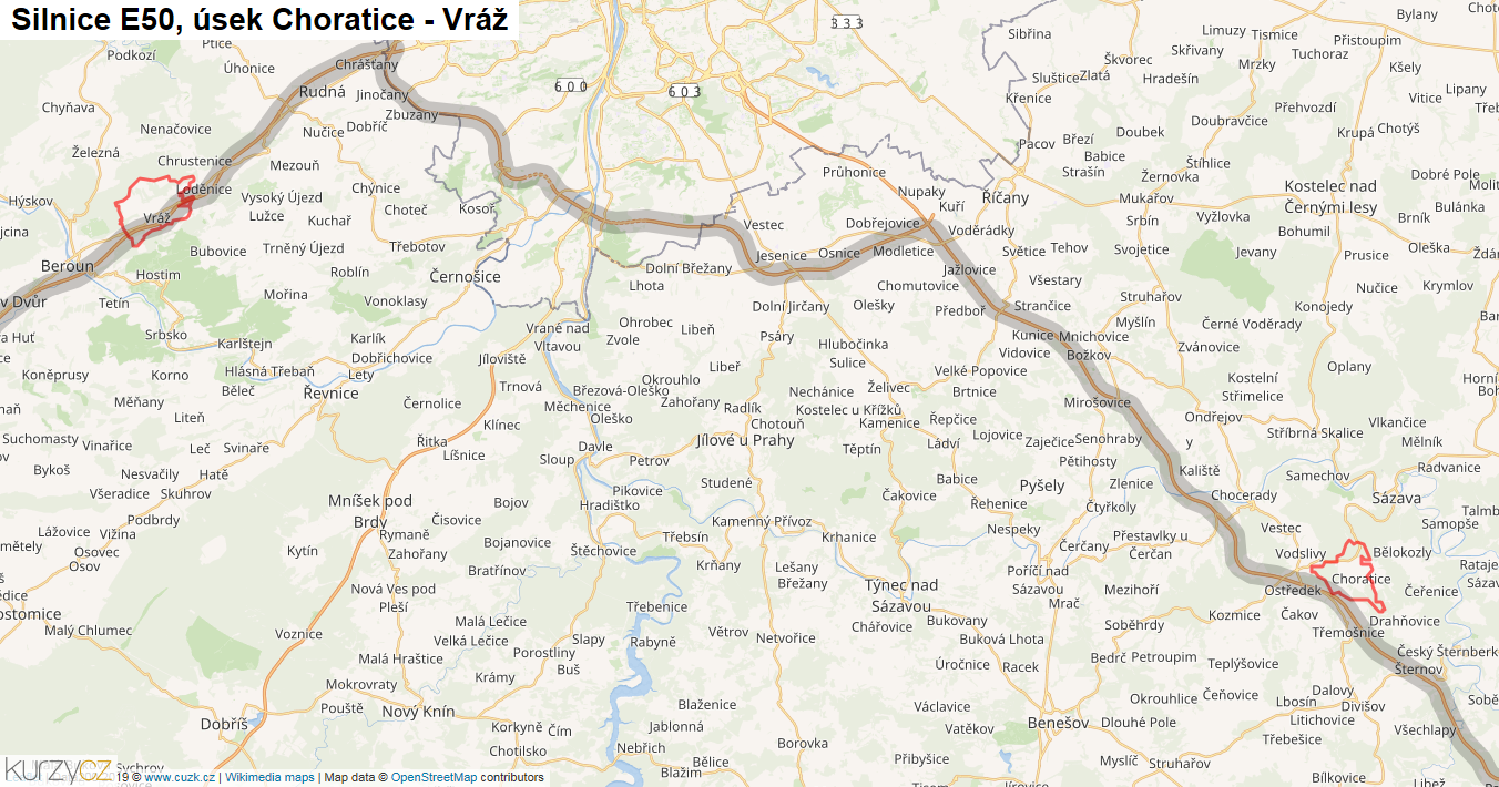 Úsek Choratice - Vráž, Silnice E50 - Mapa