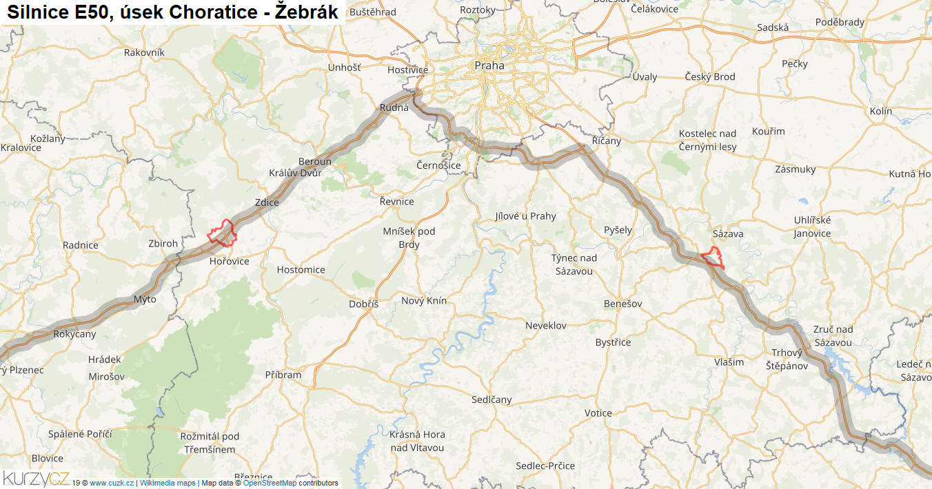 Úsek Choratice - Žebrák, Silnice E50 - Mapa