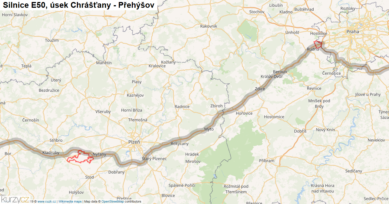 Úsek Chrášťany - Přehýšov, Silnice E50 - Mapa