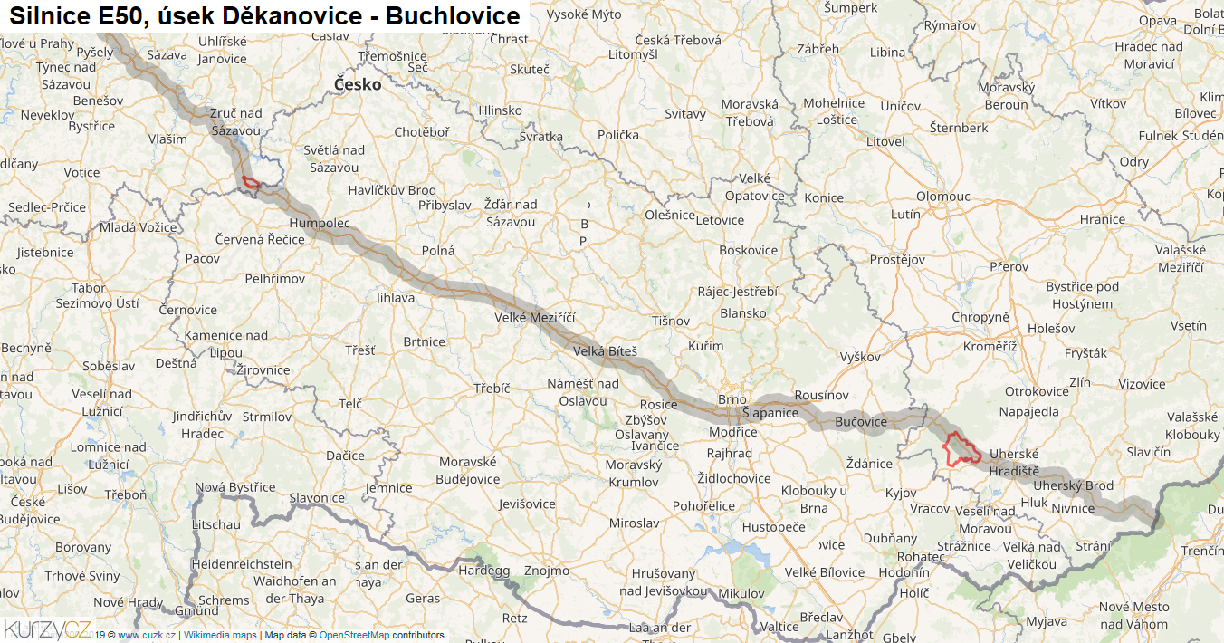 Úsek Děkanovice - Buchlovice, Silnice E50 - Mapa
