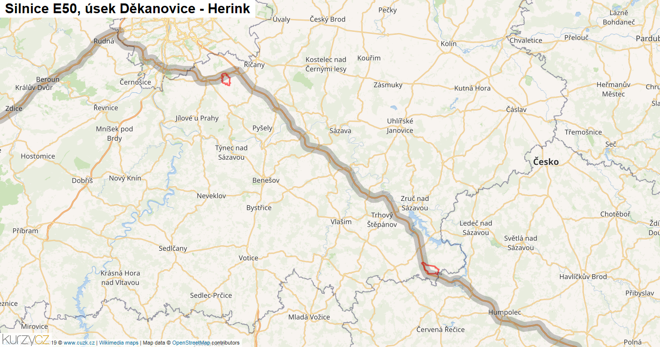 Úsek Děkanovice - Herink, Silnice E50 - Mapa