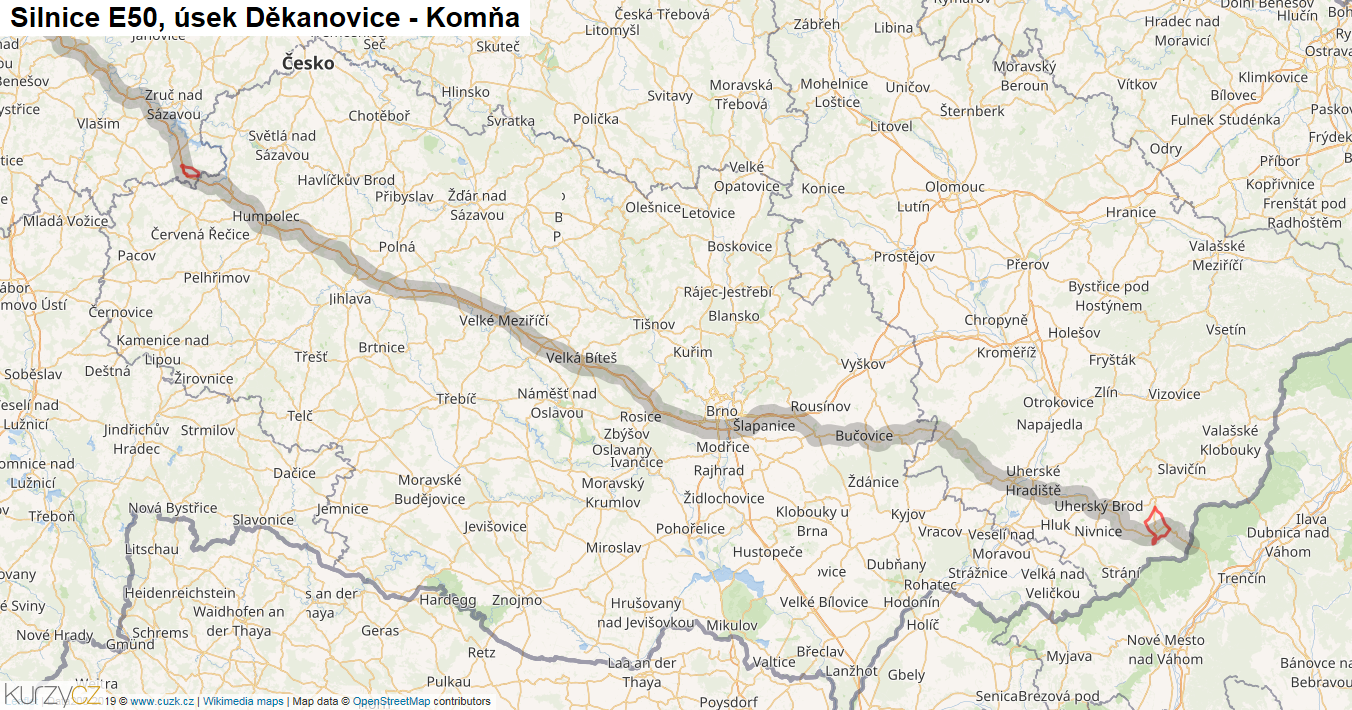 Úsek Děkanovice - Komňa, Silnice E50 - Mapa