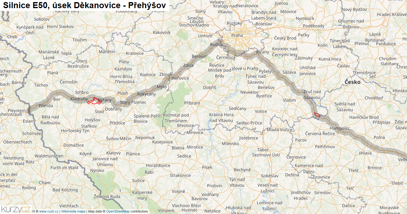 Úsek Děkanovice - Přehýšov, Silnice E50 - Mapa