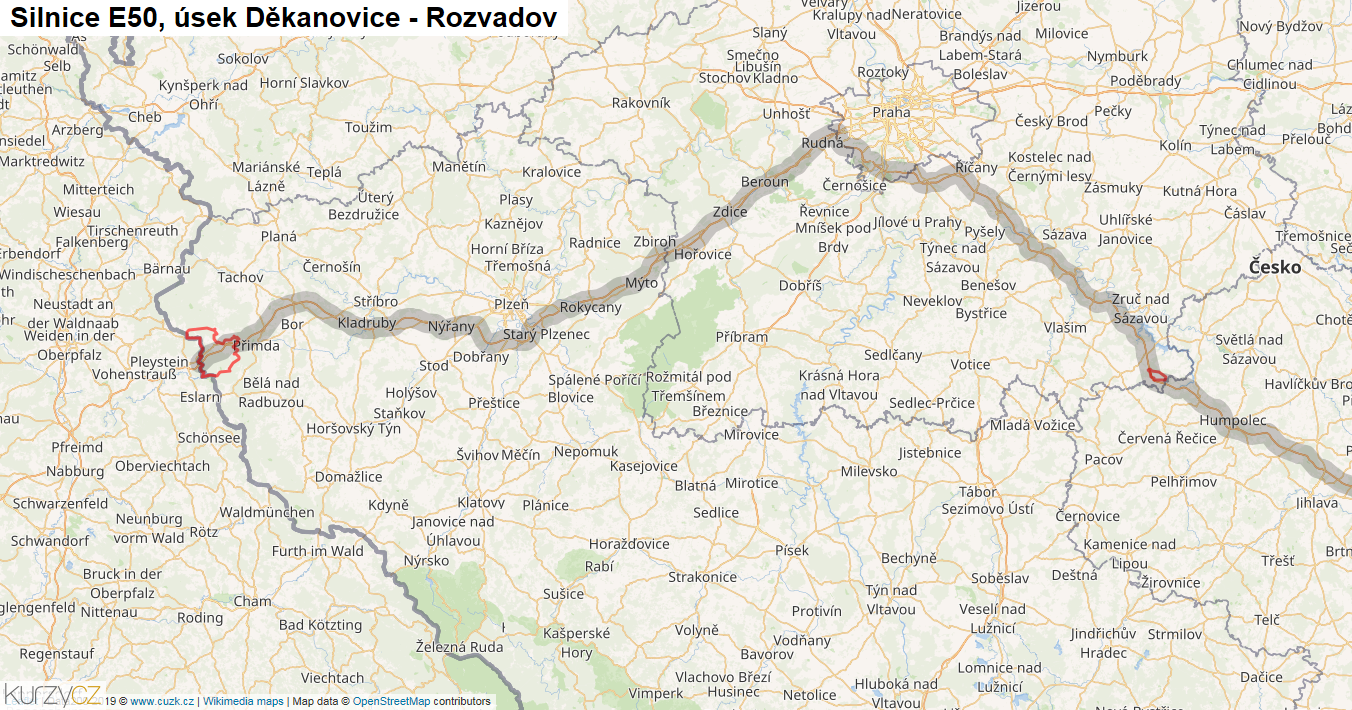 Úsek Děkanovice - Rozvadov, Silnice E50 - Mapa