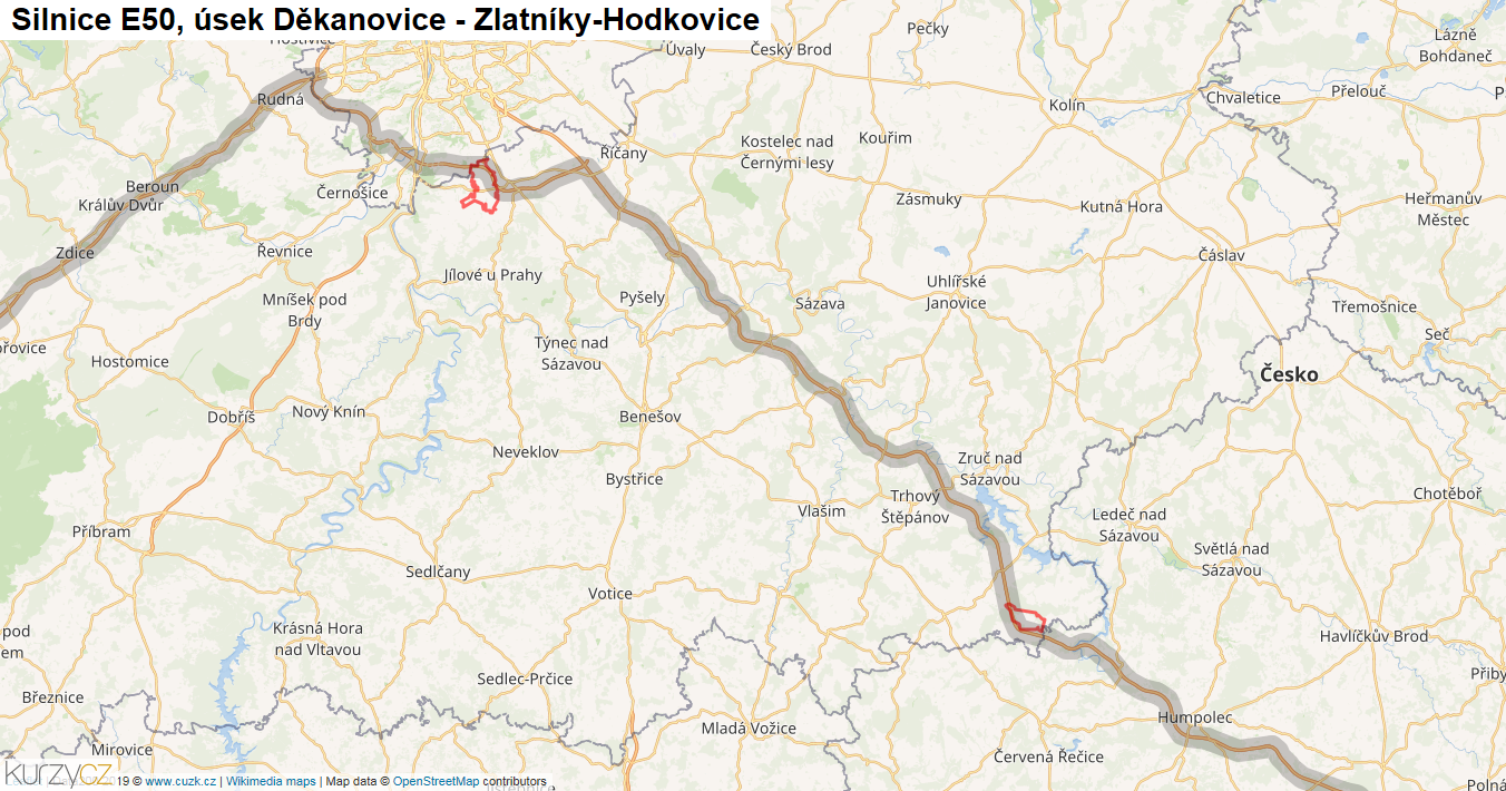Úsek Děkanovice - Zlatníky-Hodkovice, Silnice E50 - Mapa