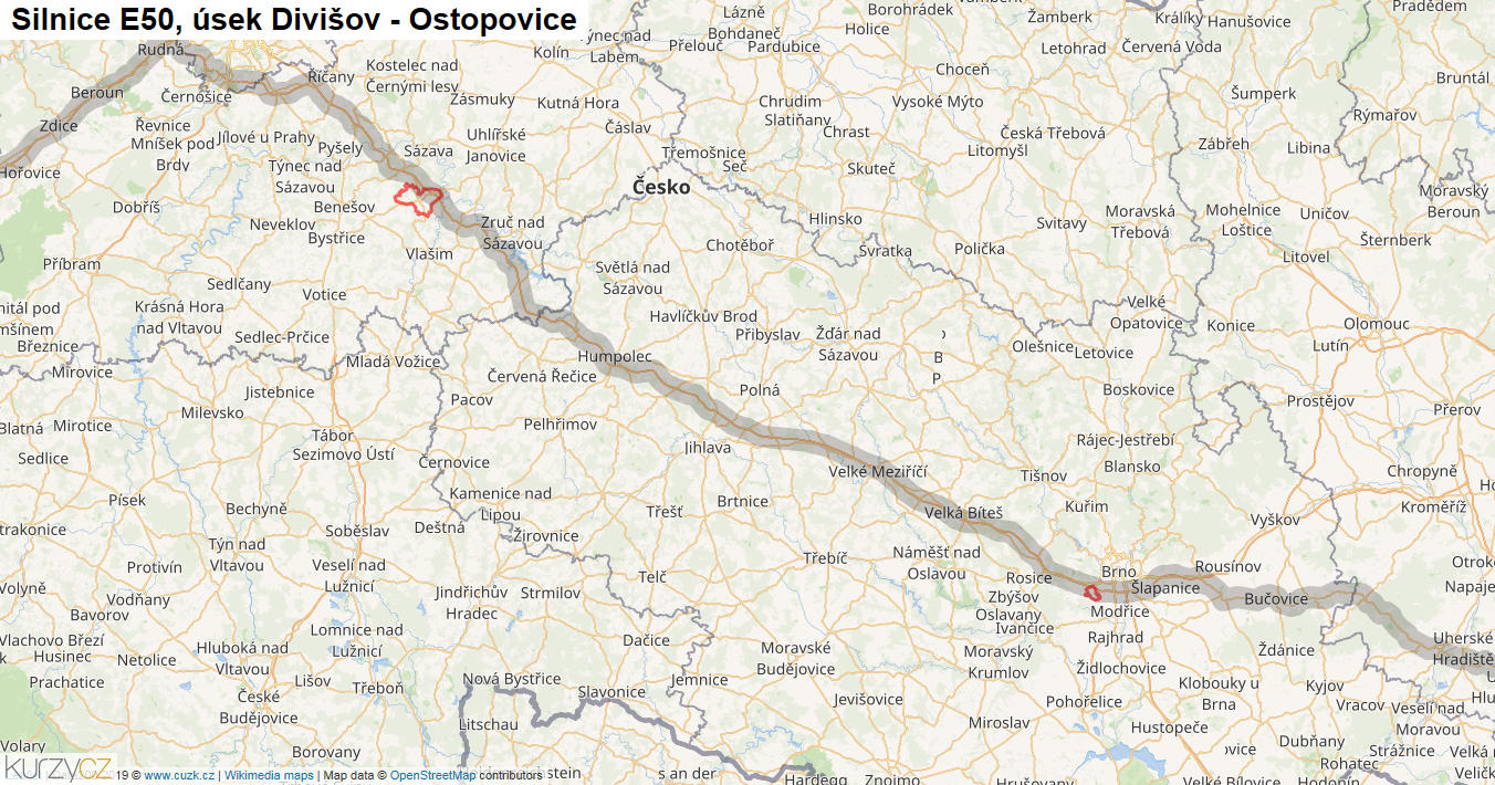 Úsek Divišov - Ostopovice, Silnice E50 - Mapa