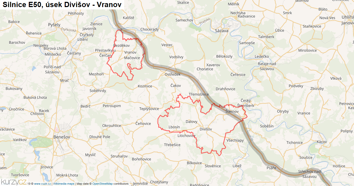 Úsek Divišov - Vranov, Silnice E50 - Mapa