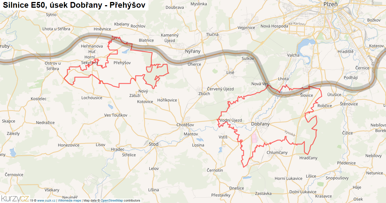Úsek Dobřany - Přehýšov, Silnice E50 - Mapa