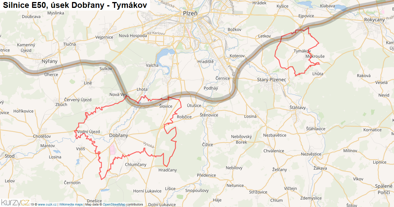 Úsek Dobřany - Tymákov, Silnice E50 - Mapa