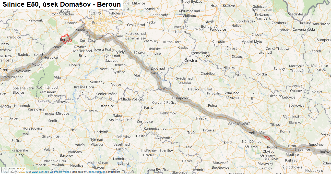Úsek Domašov - Beroun, Silnice E50 - Mapa