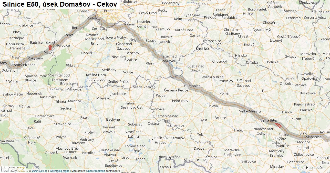 Úsek Domašov - Cekov, Silnice E50 - Mapa