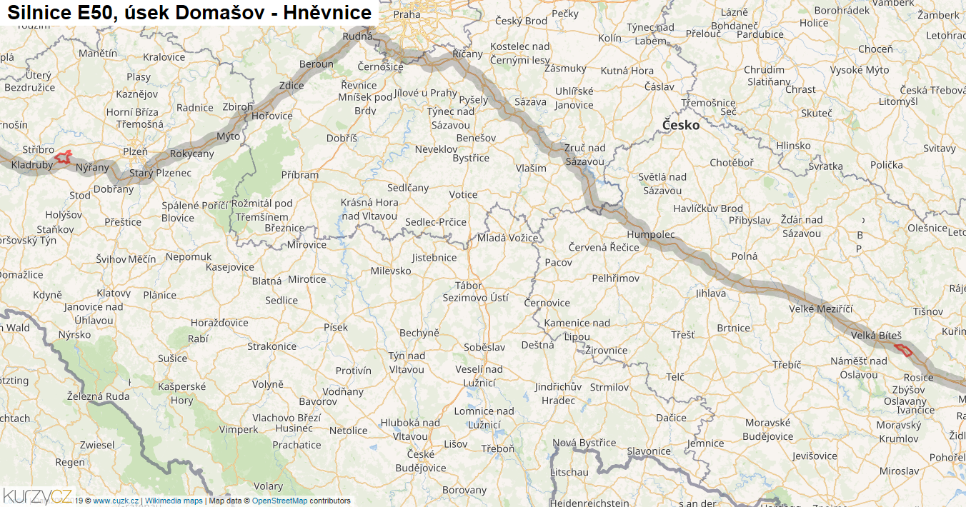 Úsek Domašov - Hněvnice, Silnice E50 - Mapa