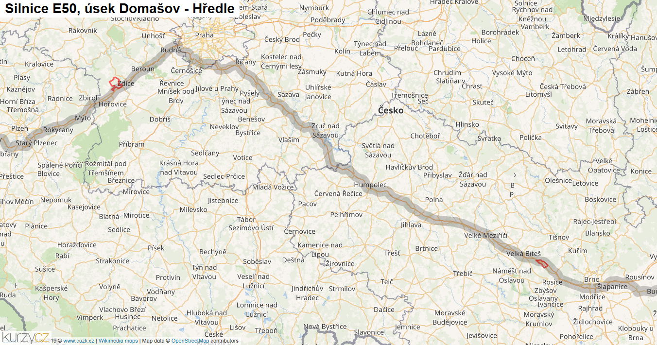 Úsek Domašov - Hředle, Silnice E50 - Mapa