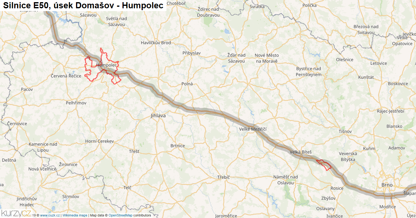 Úsek Domašov - Humpolec, Silnice E50 - Mapa