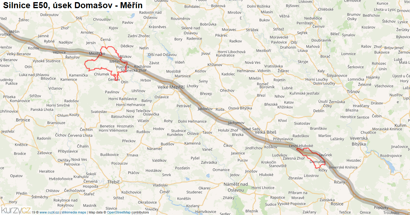 Úsek Domašov - Měřín, Silnice E50 - Mapa
