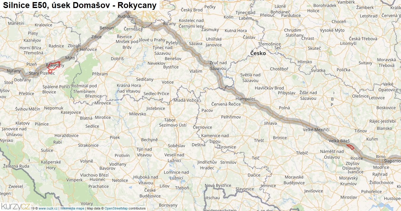 Úsek Domašov - Rokycany, Silnice E50 - Mapa