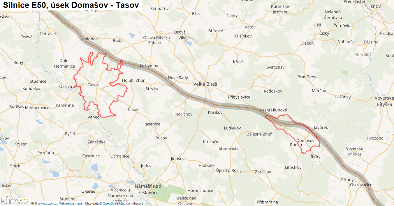 Úsek Domašov - Tasov, Silnice E50 - Mapa