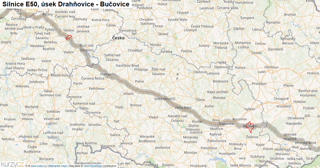 Úsek Drahňovice - Bučovice, Silnice E50 - Mapa
