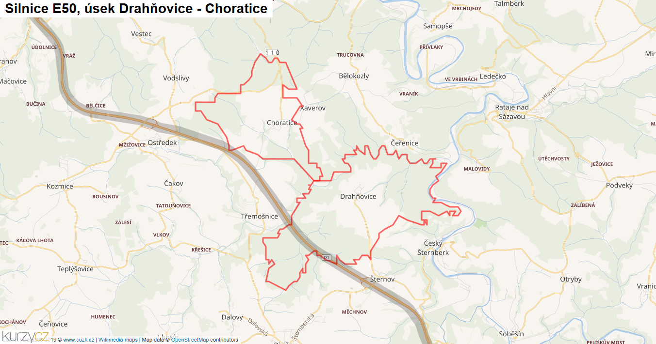 Úsek Drahňovice - Choratice, Silnice E50 - Mapa