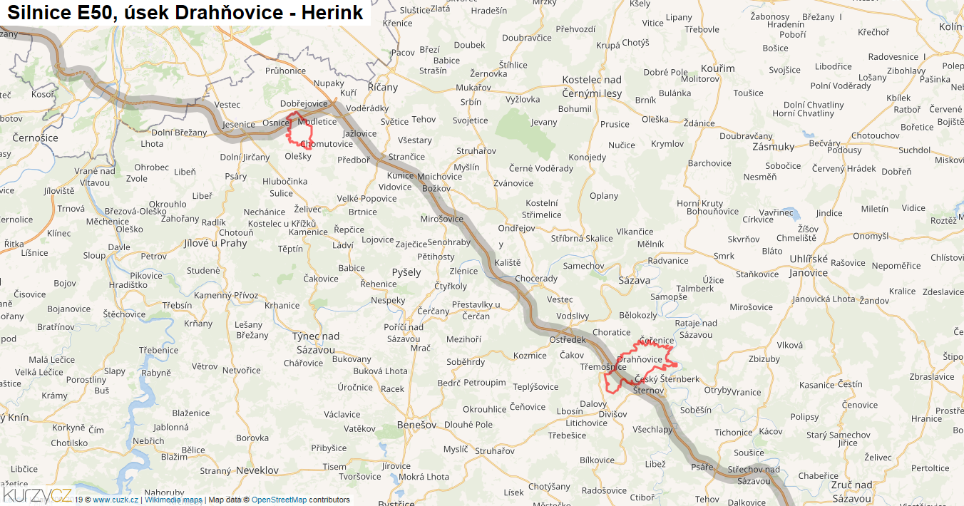 Úsek Drahňovice - Herink, Silnice E50 - Mapa
