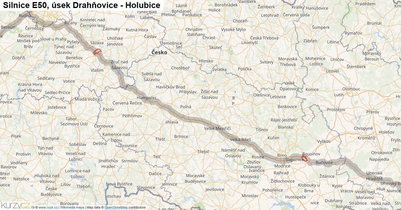 Úsek Drahňovice - Holubice, Silnice E50 - Mapa