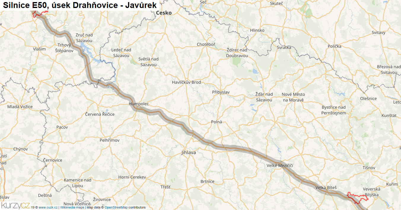 Úsek Drahňovice - Javůrek, Silnice E50 - Mapa