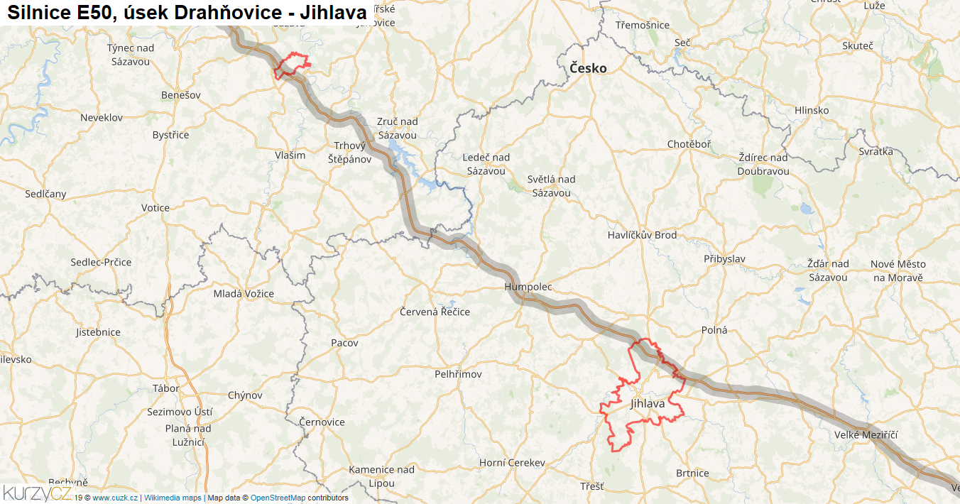 Úsek Drahňovice - Jihlava, Silnice E50 - Mapa