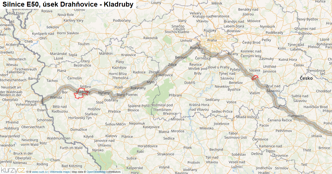 Úsek Drahňovice - Kladruby, Silnice E50 - Mapa