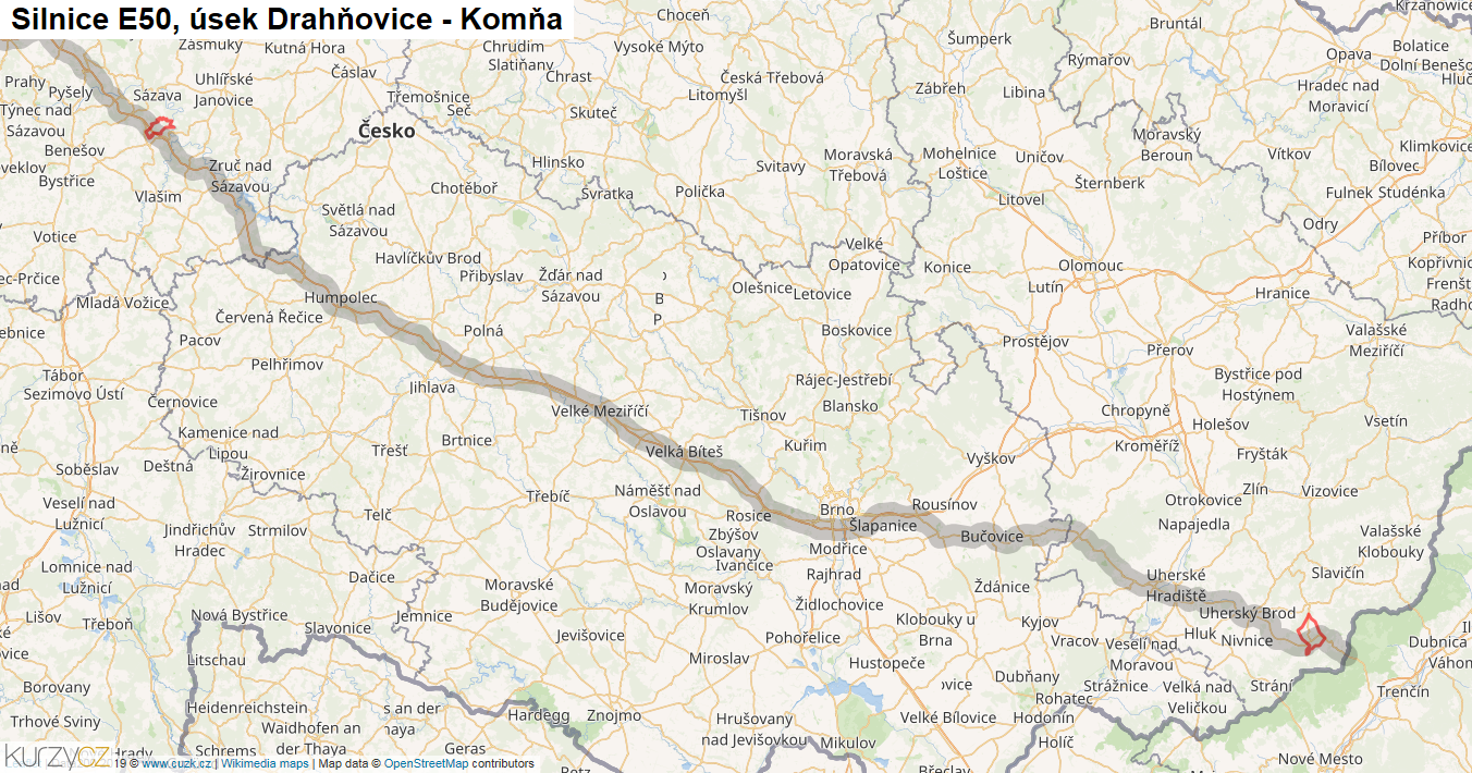 Úsek Drahňovice - Komňa, Silnice E50 - Mapa