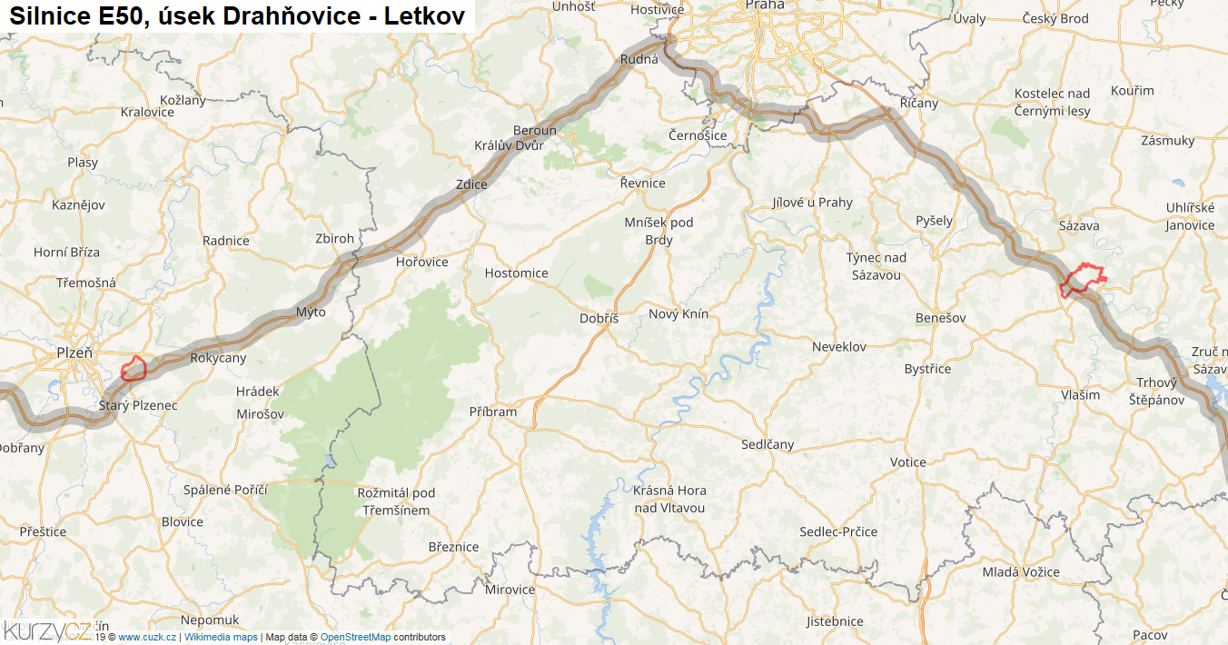 Úsek Drahňovice - Letkov, Silnice E50 - Mapa
