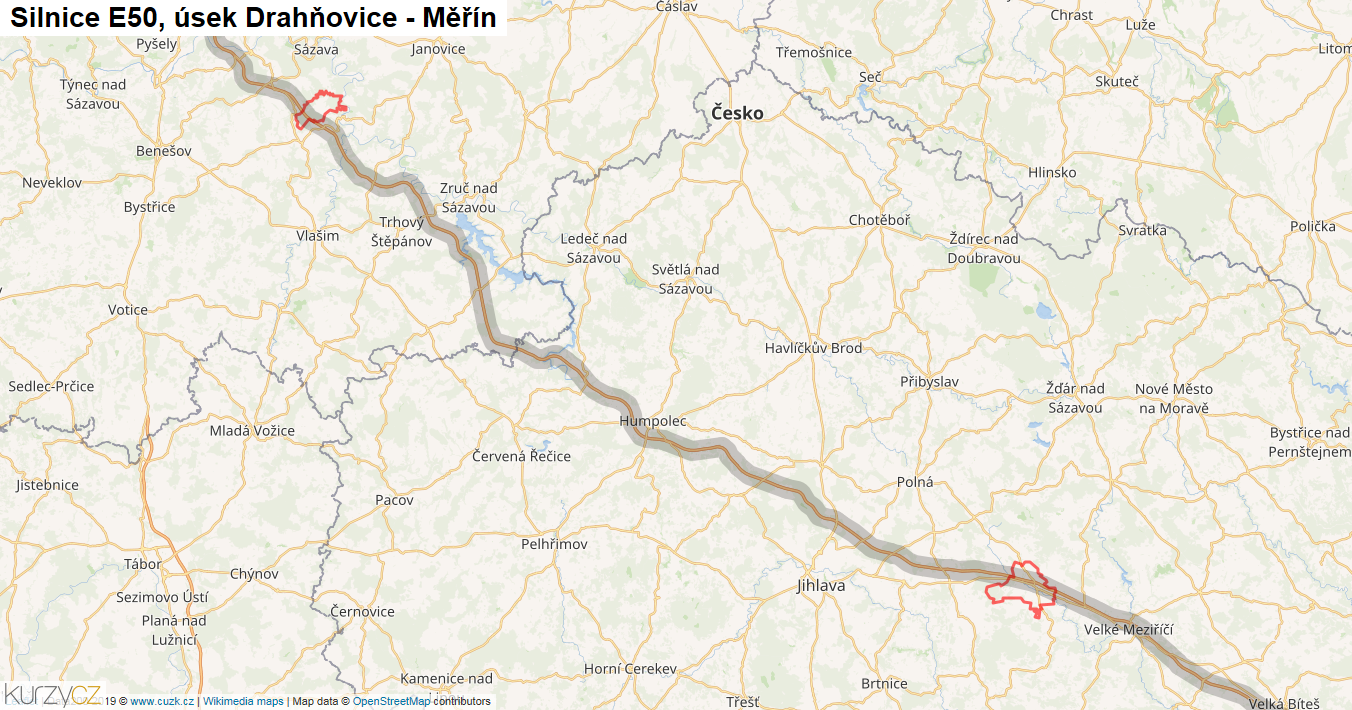 Úsek Drahňovice - Měřín, Silnice E50 - Mapa