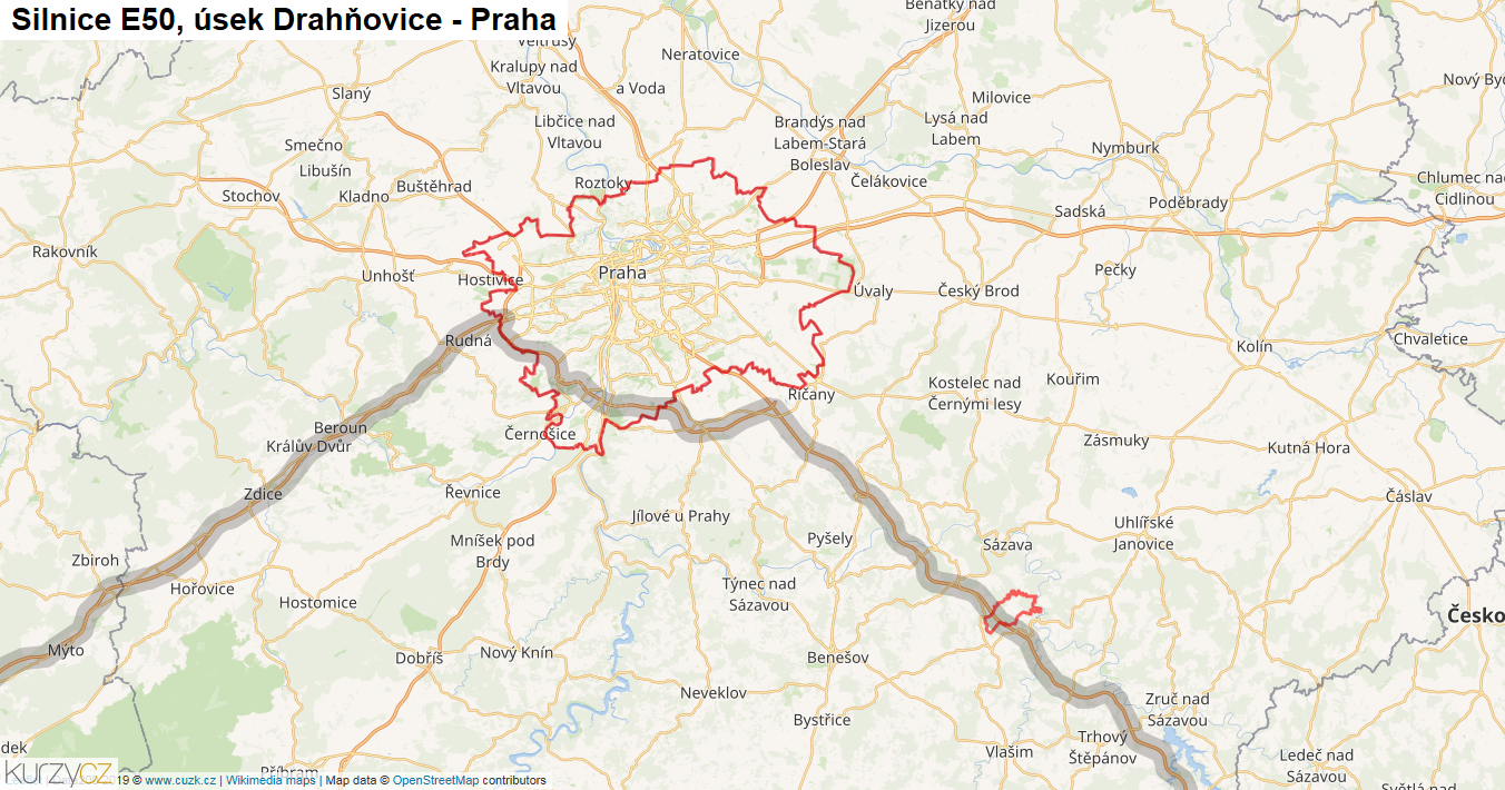 Úsek Drahňovice - Praha, Silnice E50 - Mapa