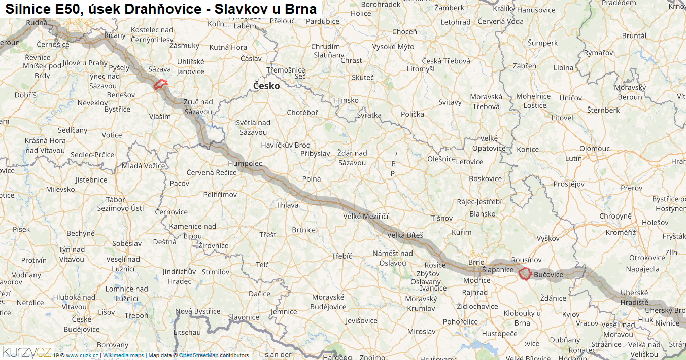 Úsek Drahňovice - Slavkov u Brna, Silnice E50 - Mapa