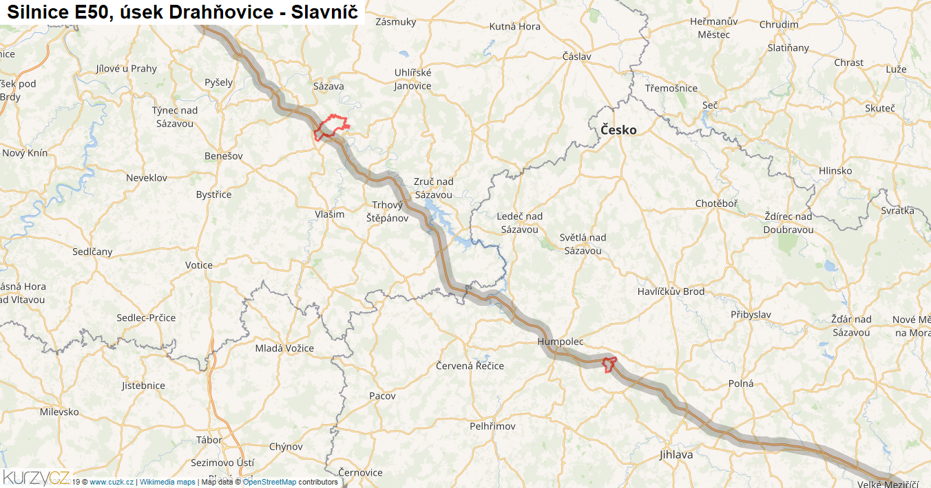 Úsek Drahňovice - Slavníč, Silnice E50 - Mapa