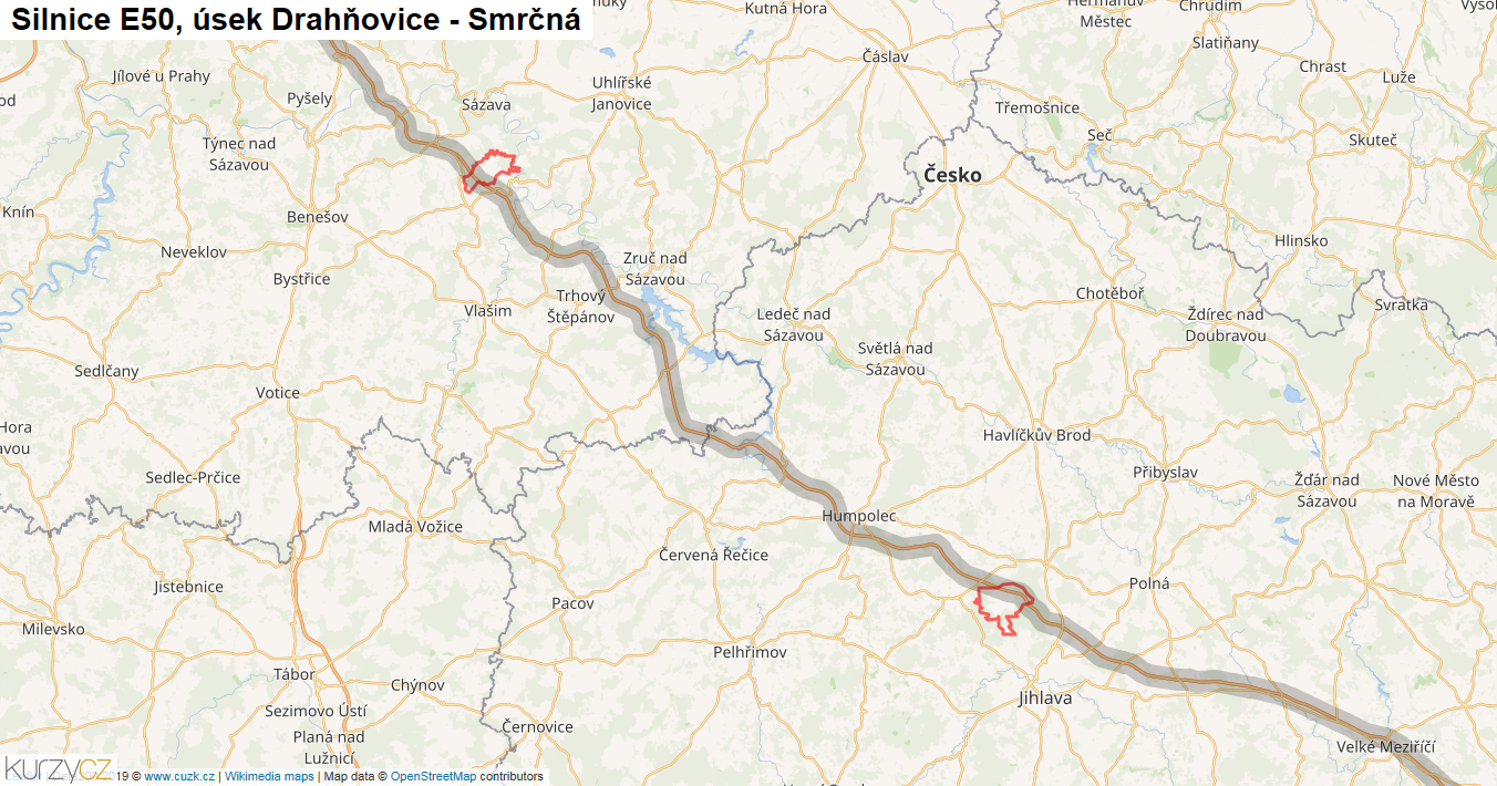 Úsek Drahňovice - Smrčná, Silnice E50 - Mapa