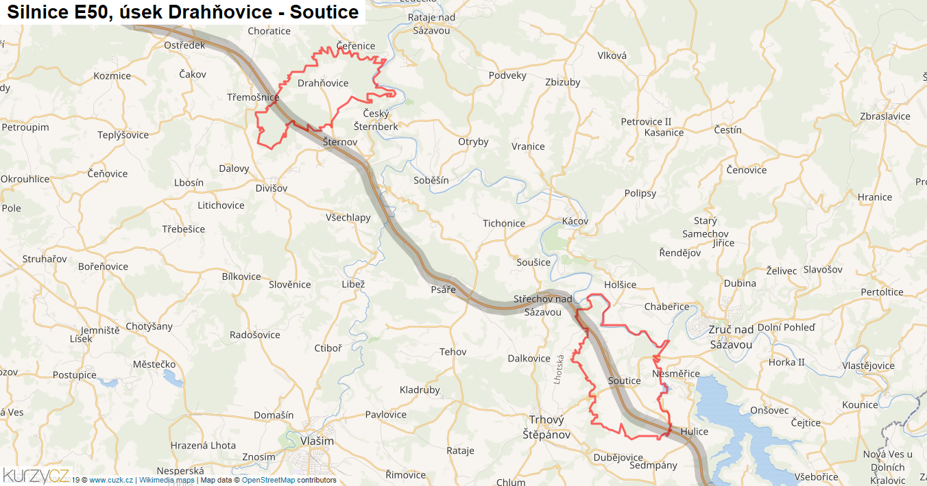Úsek Drahňovice - Soutice, Silnice E50 - Mapa