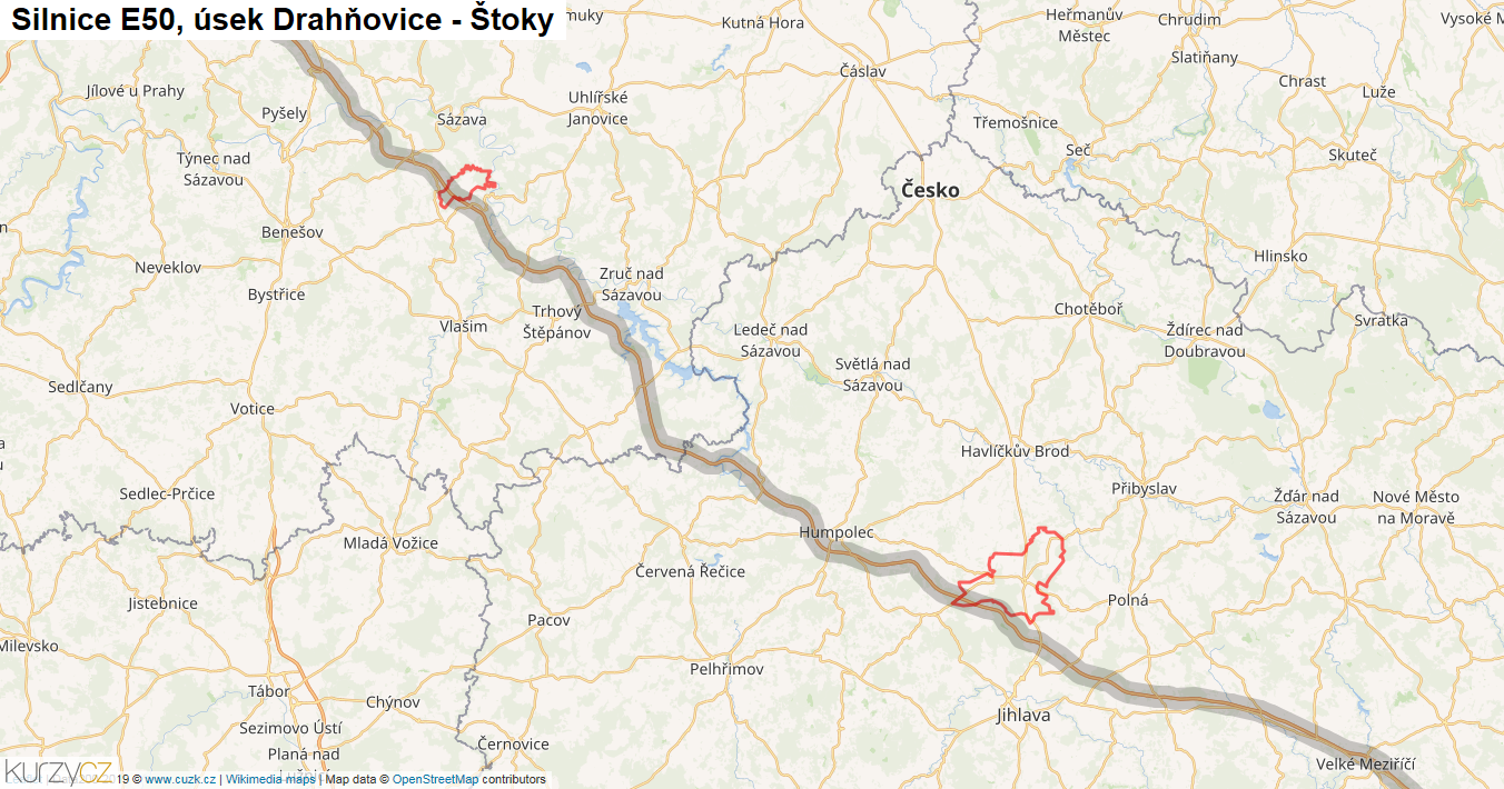 Úsek Drahňovice - Štoky, Silnice E50 - Mapa