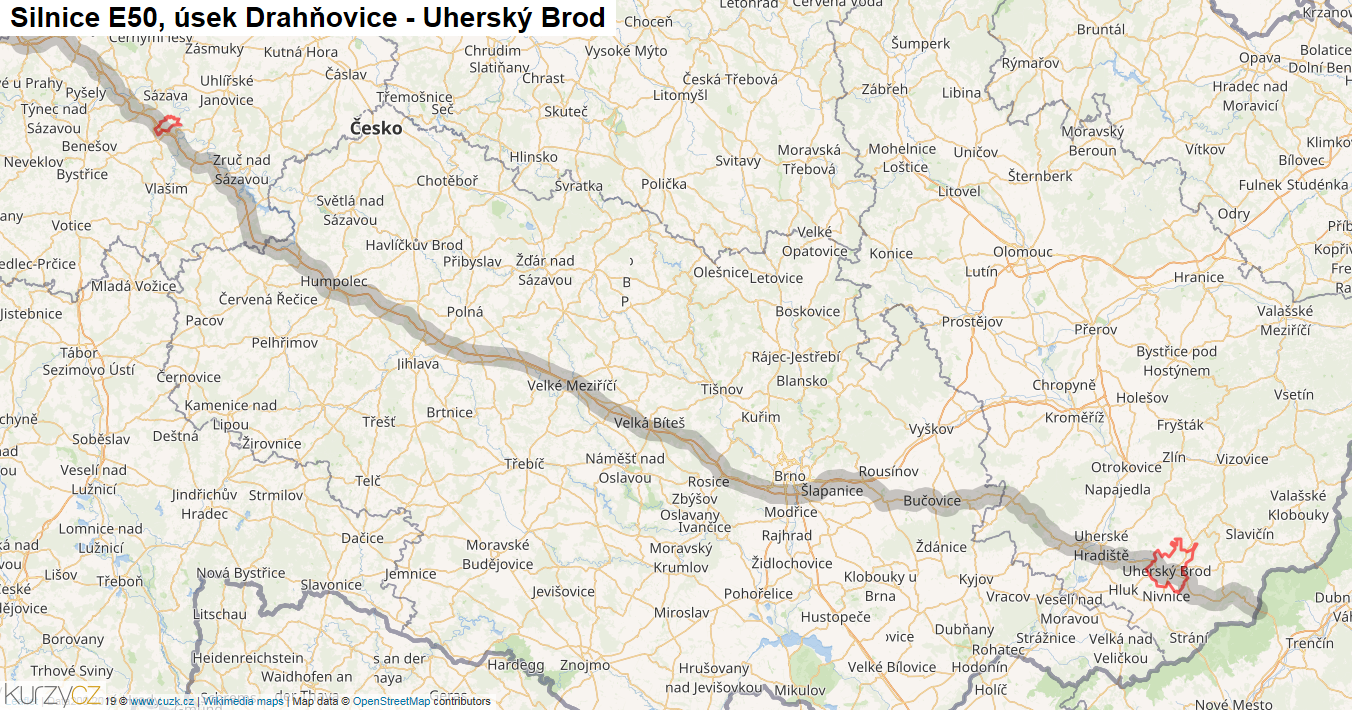Úsek Drahňovice - Uherský Brod, Silnice E50 - Mapa
