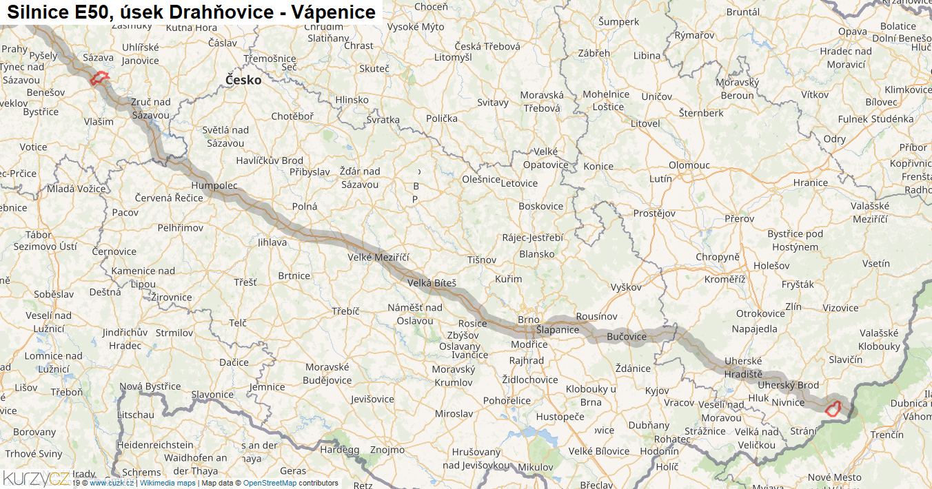 Úsek Drahňovice - Vápenice, Silnice E50 - Mapa