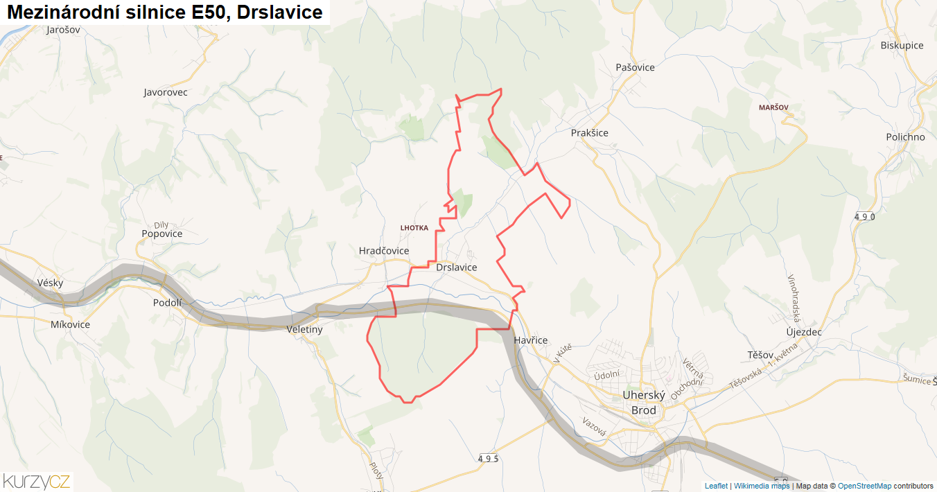 Drslavice, Silnice E50 - Mapa