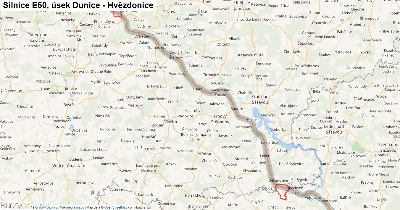 Úsek Dunice - Hvězdonice, Silnice E50 - Mapa