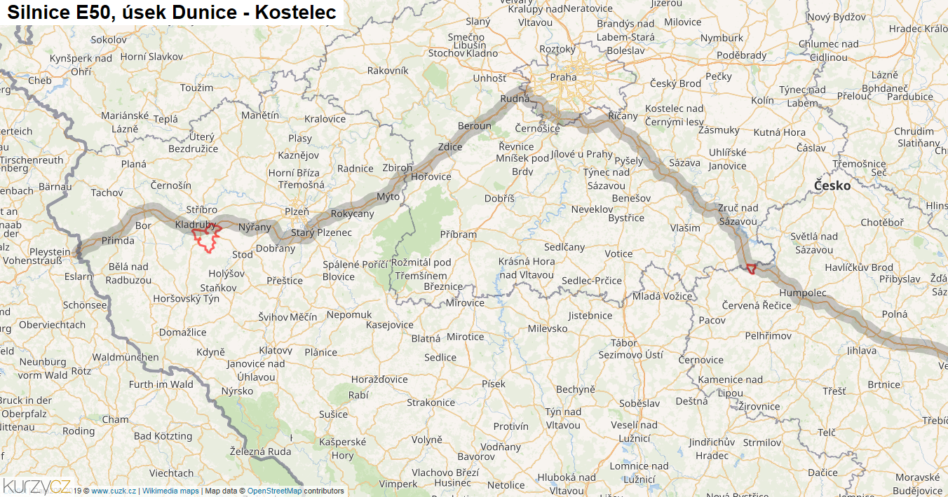 Úsek Dunice - Kostelec, Silnice E50 - Mapa
