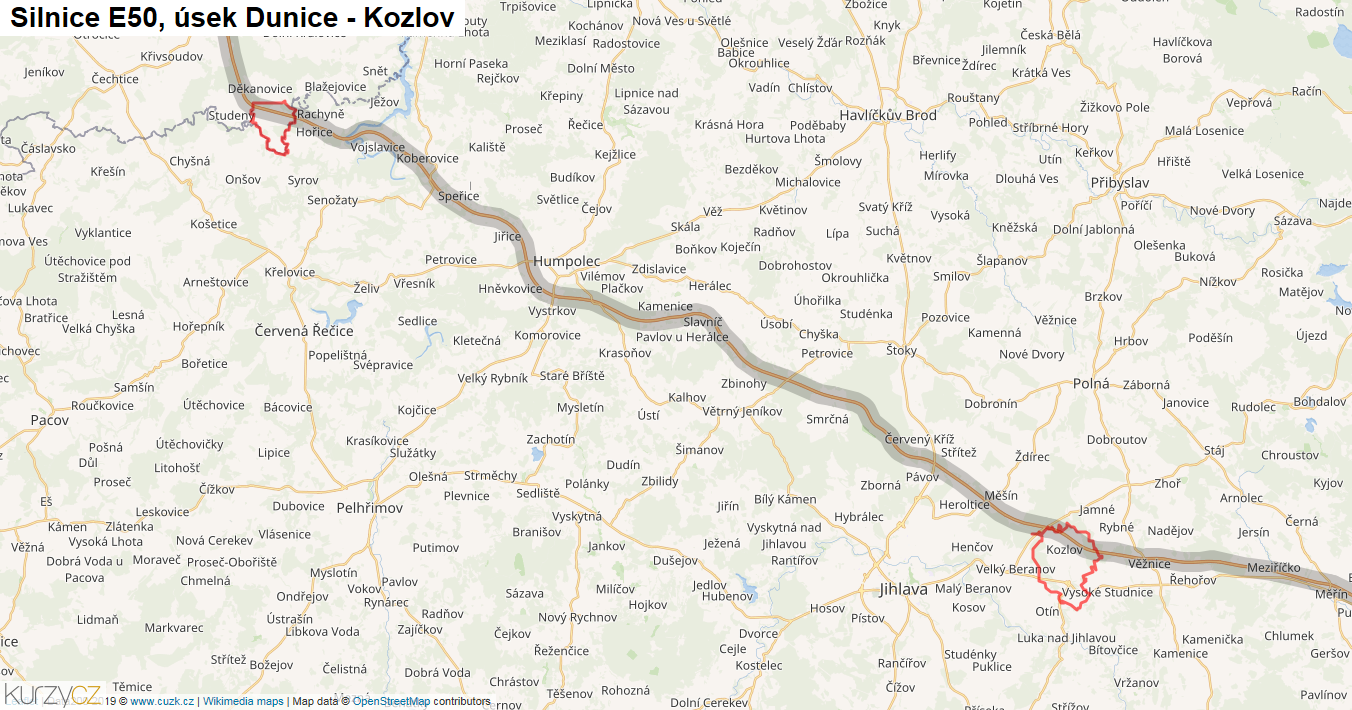 Úsek Dunice - Kozlov, Silnice E50 - Mapa