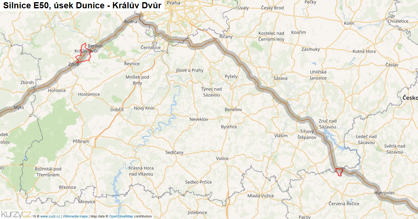 Úsek Dunice - Králův Dvůr, Silnice E50 - Mapa