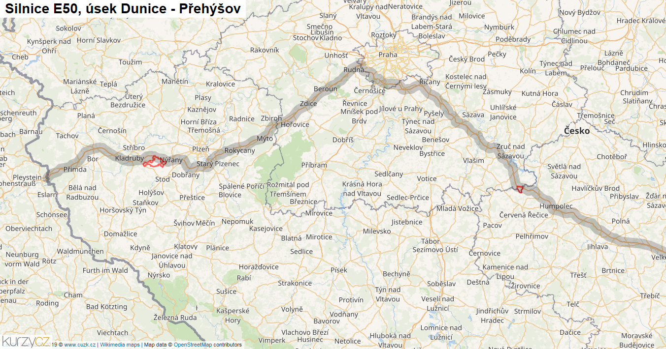 Úsek Dunice - Přehýšov, Silnice E50 - Mapa
