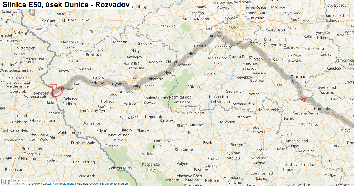 Úsek Dunice - Rozvadov, Silnice E50 - Mapa