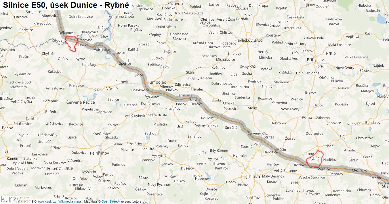 Úsek Dunice - Rybné, Silnice E50 - Mapa