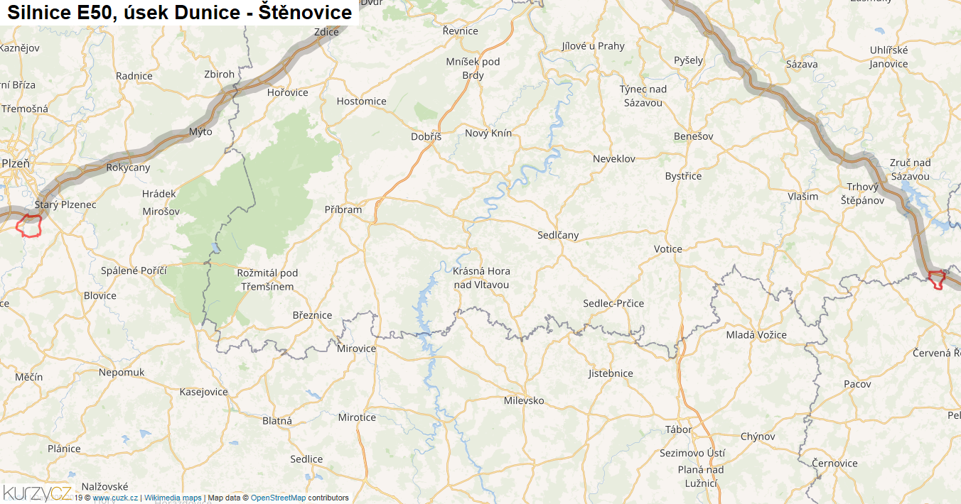 Úsek Dunice - Štěnovice, Silnice E50 - Mapa